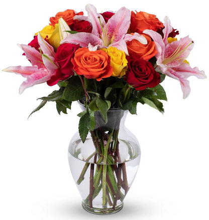 - Big Blooms Oriental Lilies & Roses (Glass Vase Included) - Fresh Flowers for Delivery - Gift for Graduation, Birthday, Anniversary, Sympathy, Get Well, Congratulations
