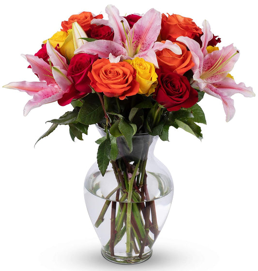 - Big Blooms Oriental Lilies & Roses (Glass Vase Included) - Fresh Flowers for Delivery - Gift for Graduation, Birthday, Anniversary, Sympathy, Get Well, Congratulations