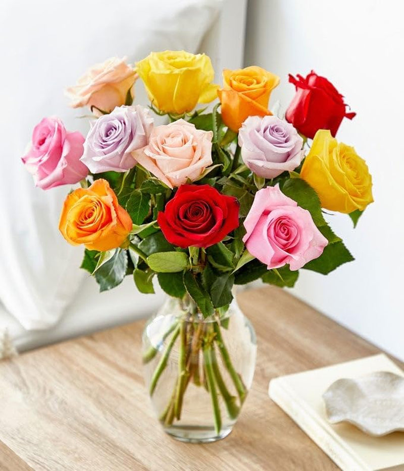 - One Dozen Rainbow Roses with Glass Vase | Fresh Flower Bouquets for Birthday, Anniversary, Get Well or Celebration