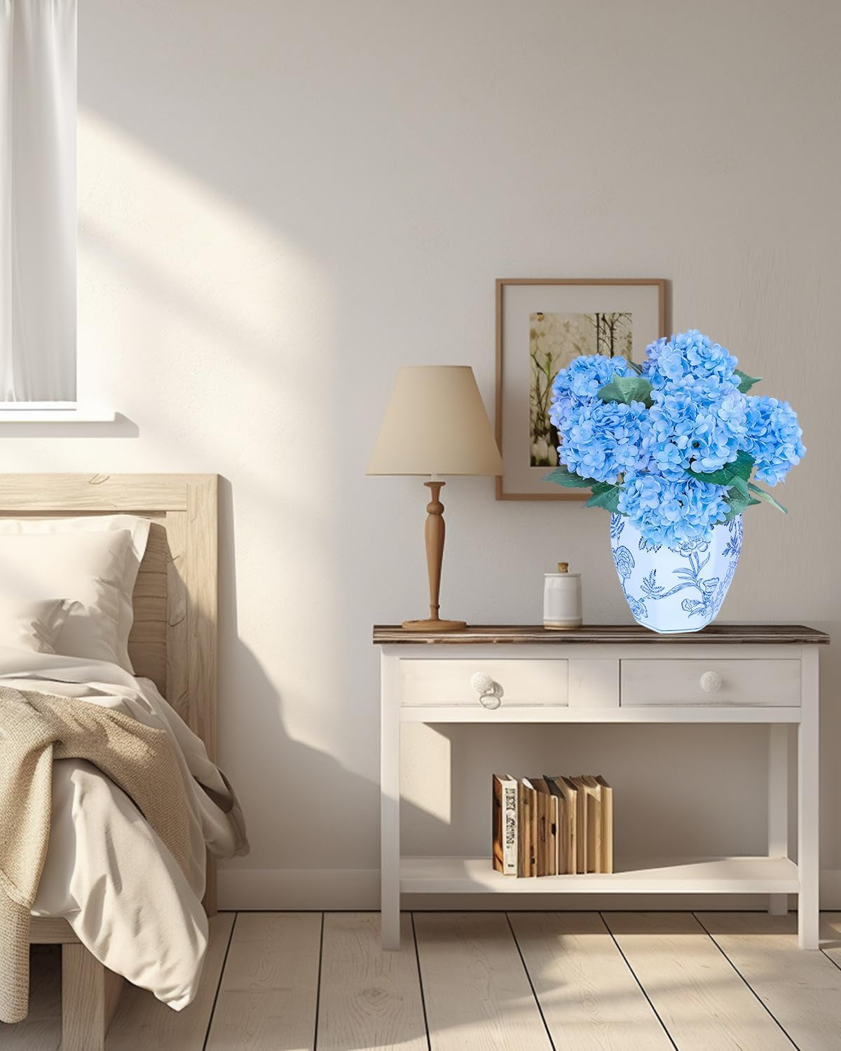 6PCS Premium Blue Silk Hydrangea Artificial Flowers Bouquets - Realistic Fake Hydrangea with Stems, Faux Flower Arrangement for Home Wedding Party Baby Shower Table Centerpieces Decoration