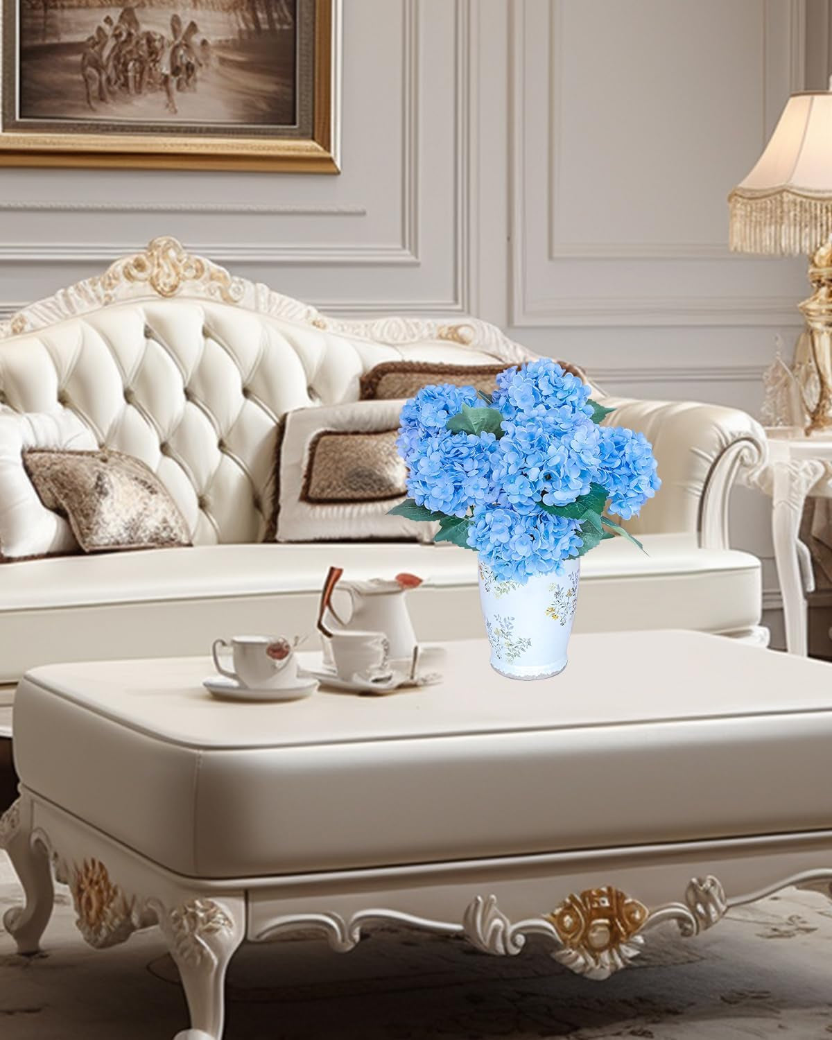 6PCS Premium Blue Silk Hydrangea Artificial Flowers Bouquets - Realistic Fake Hydrangea with Stems, Faux Flower Arrangement for Home Wedding Party Baby Shower Table Centerpieces Decoration