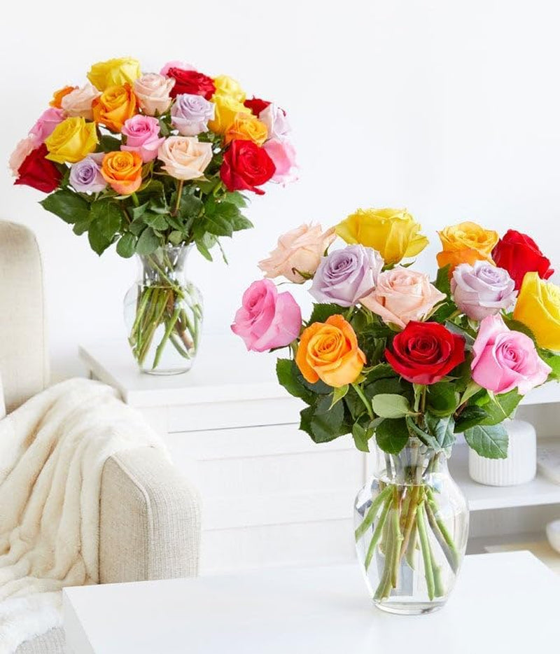 - One Dozen Rainbow Roses with Glass Vase | Fresh Flower Bouquets for Birthday, Anniversary, Get Well or Celebration