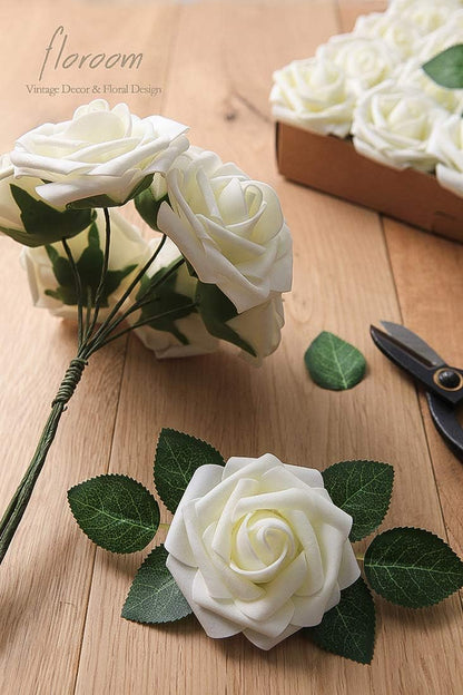 Artificial Flowers 25Pcs Real Looking Ivory Foam Fake Roses with Stems for DIY Wedding Bouquets White Bridal Shower Centerpieces Arrangements Party Tables Decorations