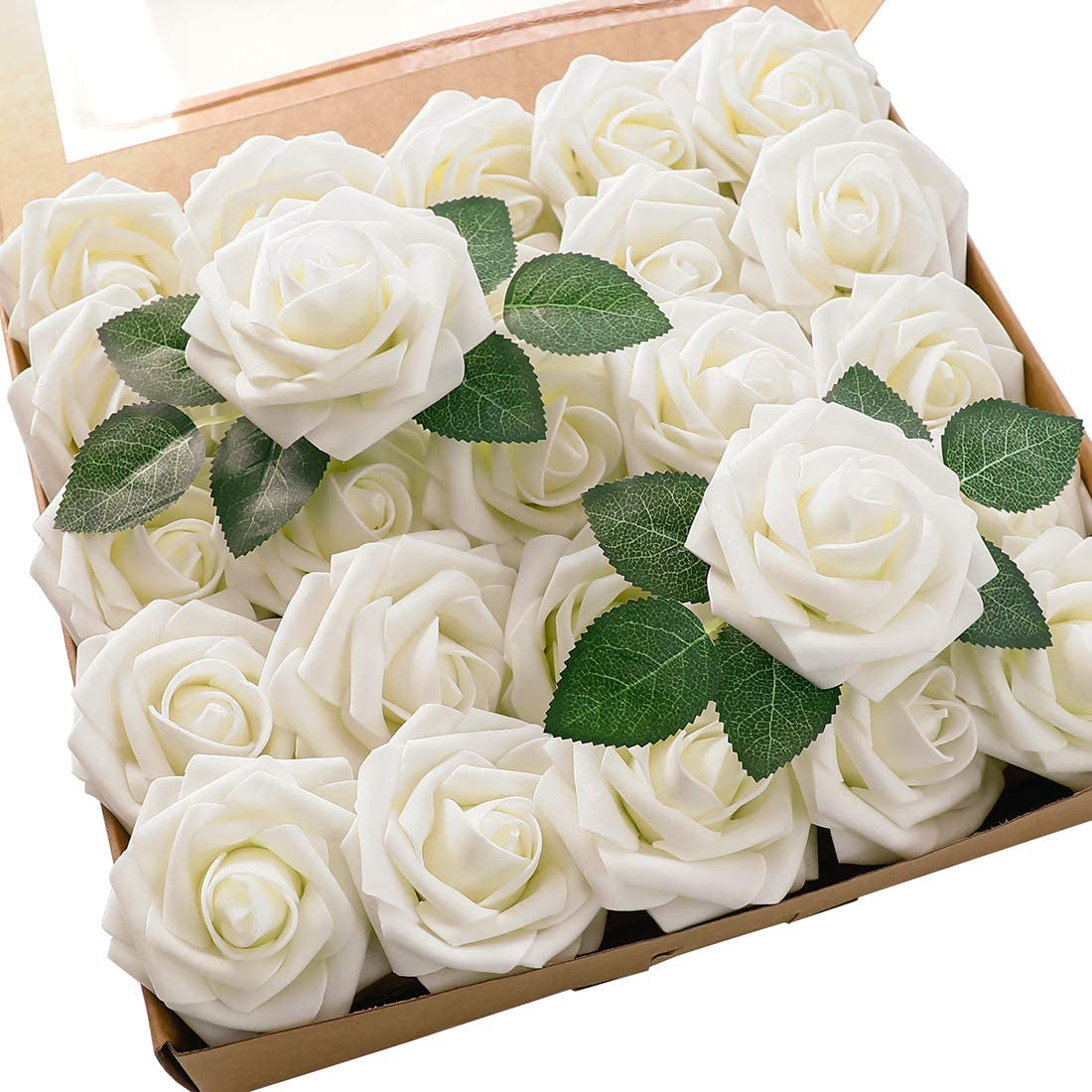 Artificial Flowers 25Pcs Real Looking Ivory Foam Fake Roses with Stems for DIY Wedding Bouquets White Bridal Shower Centerpieces Arrangements Party Tables Decorations