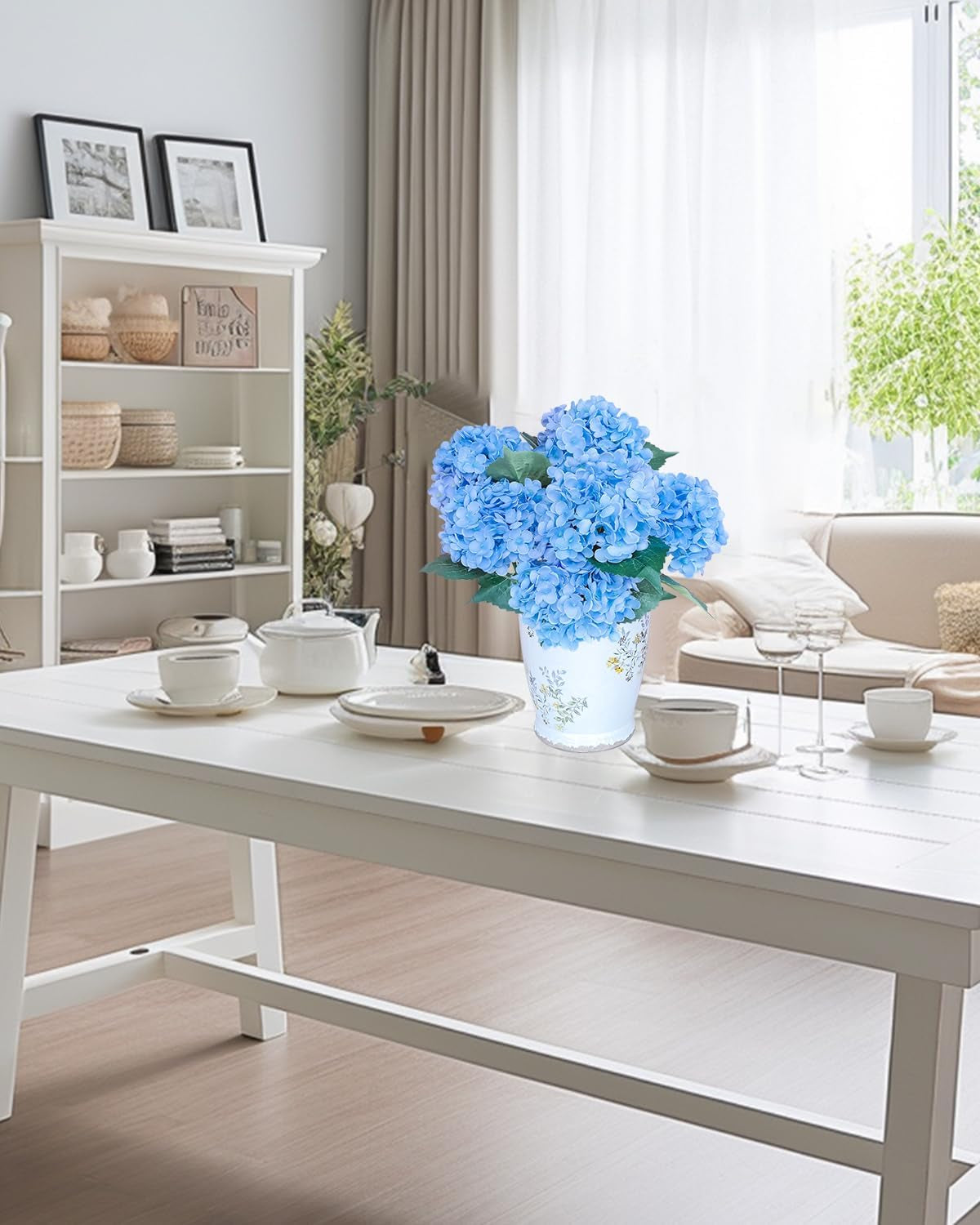 6PCS Premium Blue Silk Hydrangea Artificial Flowers Bouquets - Realistic Fake Hydrangea with Stems, Faux Flower Arrangement for Home Wedding Party Baby Shower Table Centerpieces Decoration