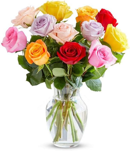 - One Dozen Rainbow Roses with Glass Vase | Fresh Flower Bouquets for Birthday, Anniversary, Get Well or Celebration