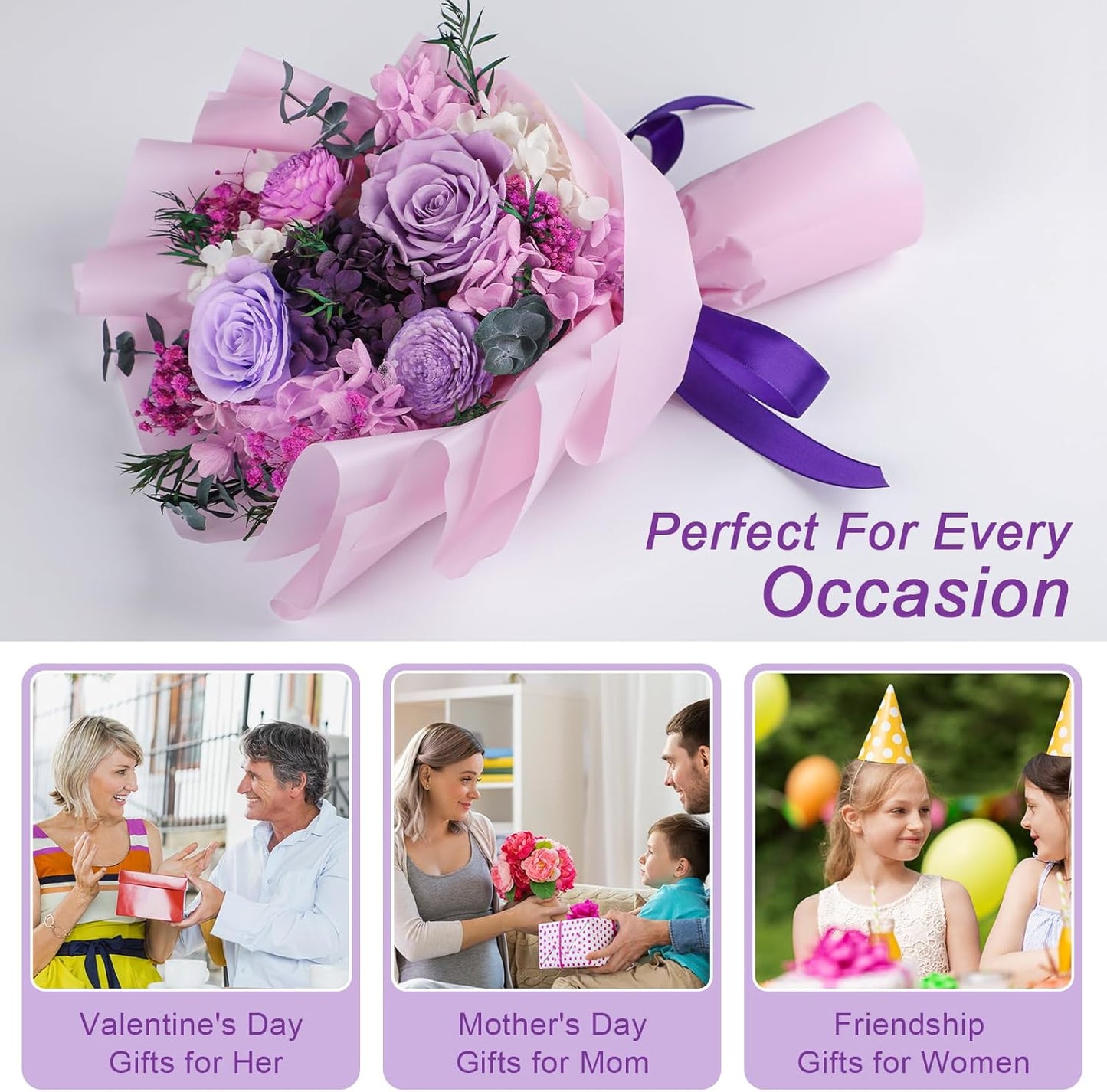 Preserved Flower Bouquet,Flowers for Delivery Prime,Purple Roses Birthday Flowers for Women Gifts,Mom,Wife,Anniversary,Grandma,Her,Long Lasting Eternal That Last 2-3 Years