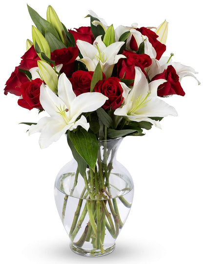 - Oriental Lilies & Red Roses (Glass Vase Included) - Fresh Flowers for Delivery - Gift for Graduation, Birthday, Anniversary, Sympathy, Get Well, Congratulations