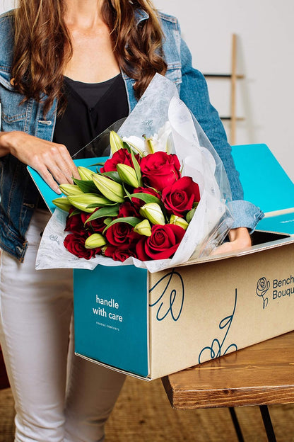 - Oriental Lilies & Red Roses (Glass Vase Included) - Fresh Flowers for Delivery - Gift for Graduation, Birthday, Anniversary, Sympathy, Get Well, Congratulations