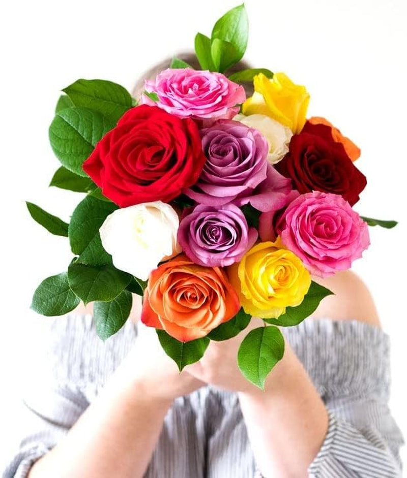 - One Dozen Rainbow Roses with Glass Vase | Fresh Flower Bouquets for Birthday, Anniversary, Get Well or Celebration