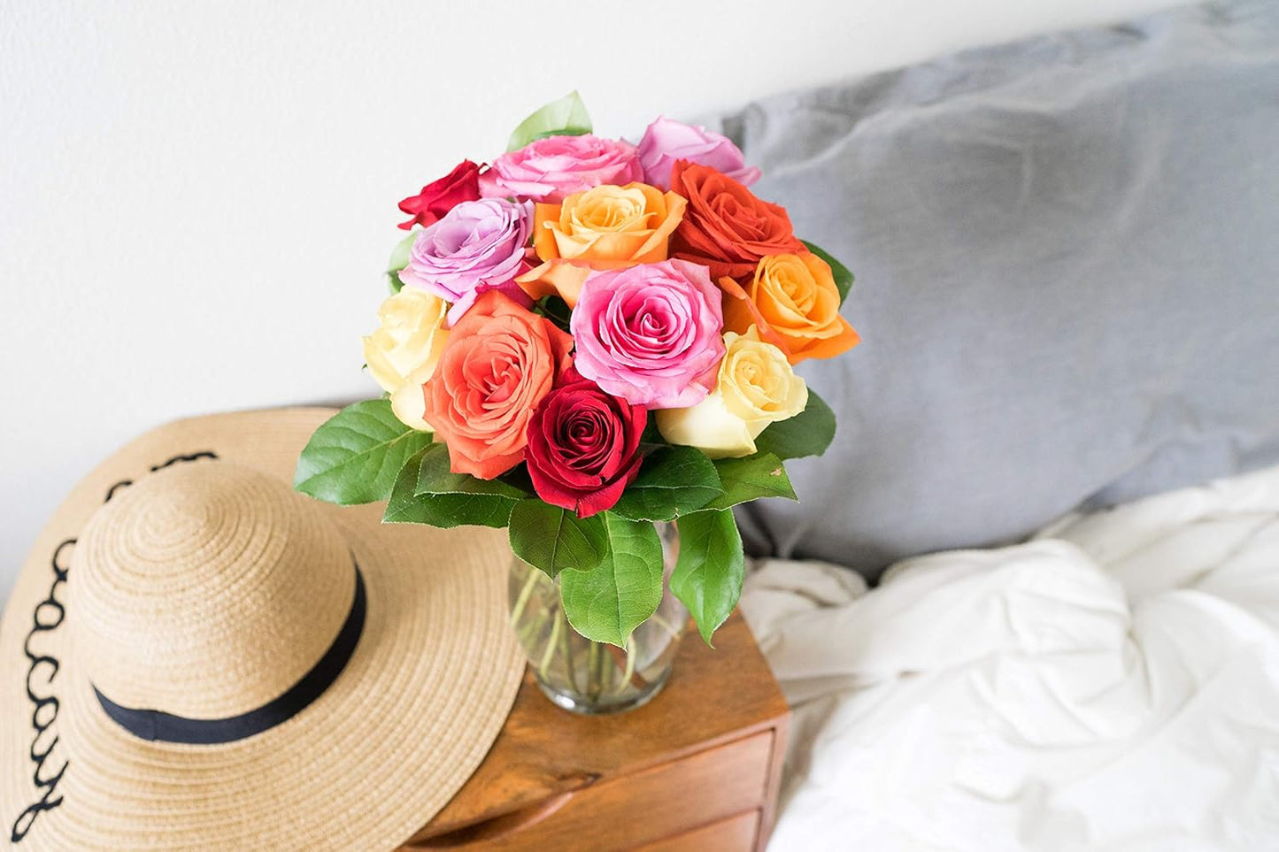 - One Dozen Rainbow Roses with Glass Vase | Fresh Flower Bouquets for Birthday, Anniversary, Get Well or Celebration