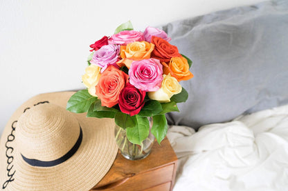 - One Dozen Rainbow Roses with Glass Vase | Fresh Flower Bouquets for Birthday, Anniversary, Get Well or Celebration