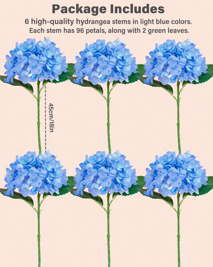 6PCS Premium Blue Silk Hydrangea Artificial Flowers Bouquets - Realistic Fake Hydrangea with Stems, Faux Flower Arrangement for Home Wedding Party Baby Shower Table Centerpieces Decoration