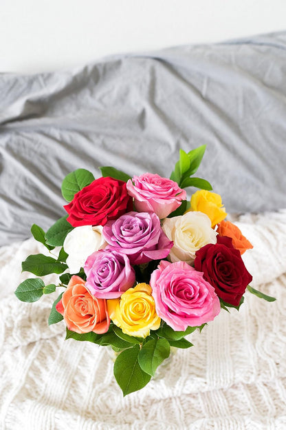 - One Dozen Rainbow Roses with Glass Vase | Fresh Flower Bouquets for Birthday, Anniversary, Get Well or Celebration