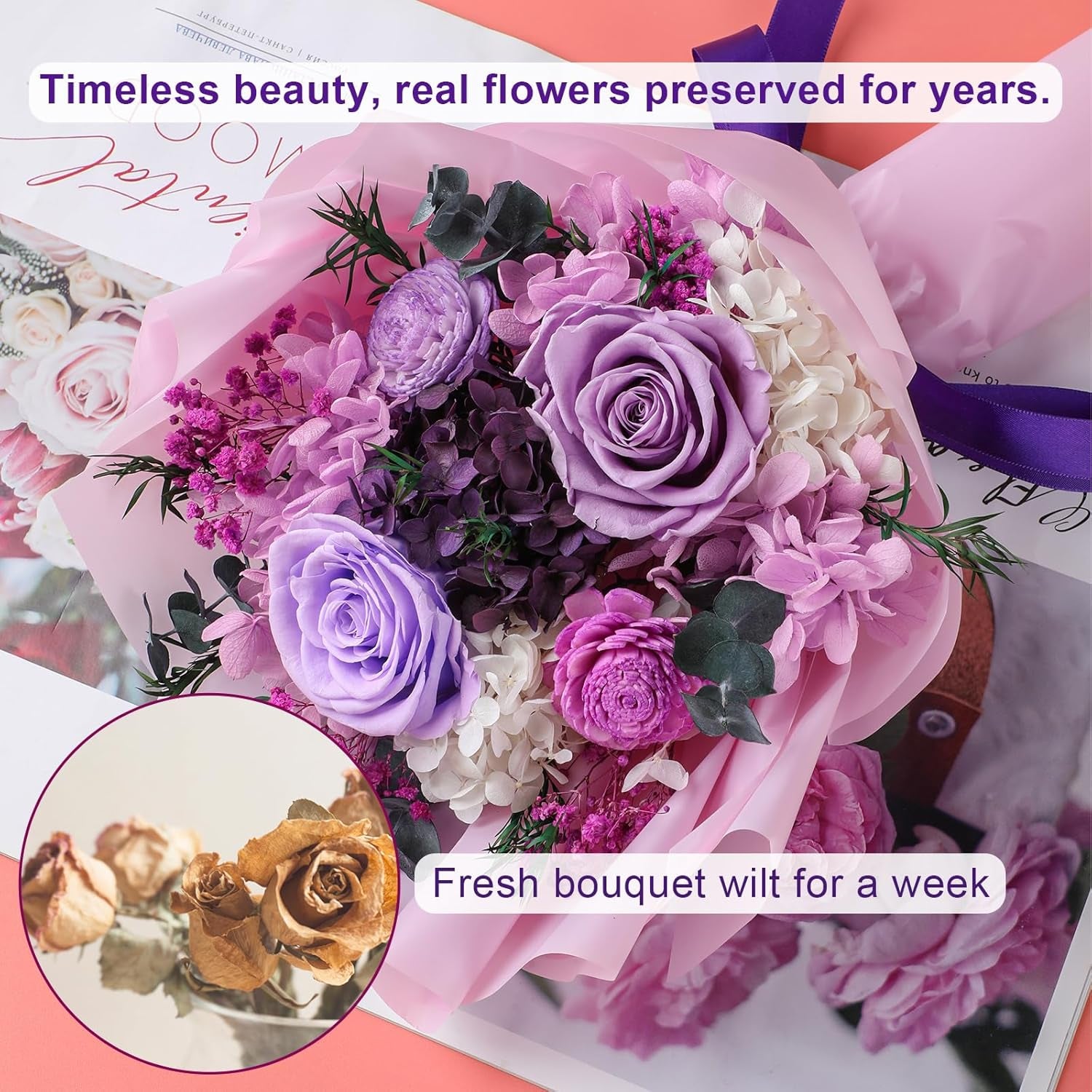 Preserved Flower Bouquet,Flowers for Delivery Prime,Purple Roses Birthday Flowers for Women Gifts,Mom,Wife,Anniversary,Grandma,Her,Long Lasting Eternal That Last 2-3 Years