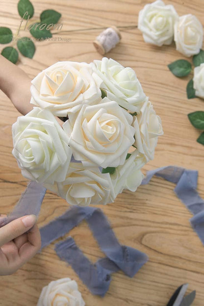Artificial Flowers 25Pcs Real Looking Ivory Foam Fake Roses with Stems for DIY Wedding Bouquets White Bridal Shower Centerpieces Arrangements Party Tables Decorations